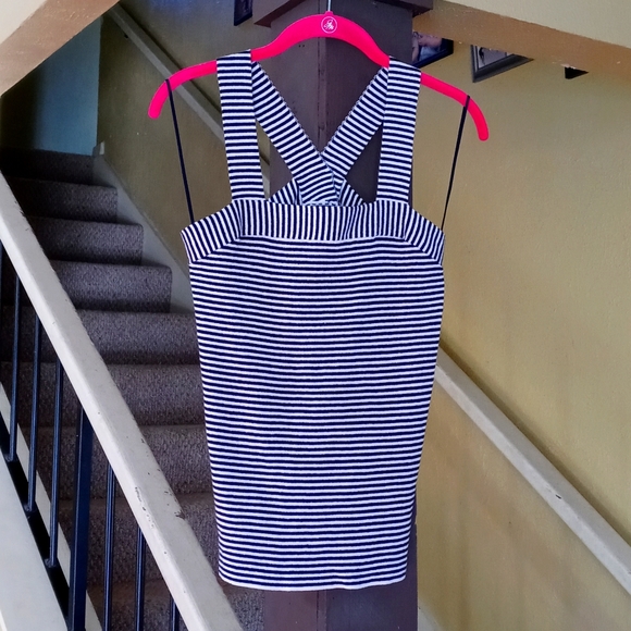 Loft Black/White Stripe Tank Incredibly Stretchy Fitted Cross-Back Top Women's S - Picture 1 of 6